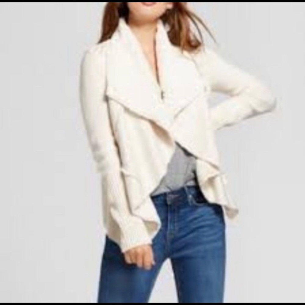 Knox Rose Cream Faux Suede Sherpa Chunky Knit Draped Front Sweater Jacket XS